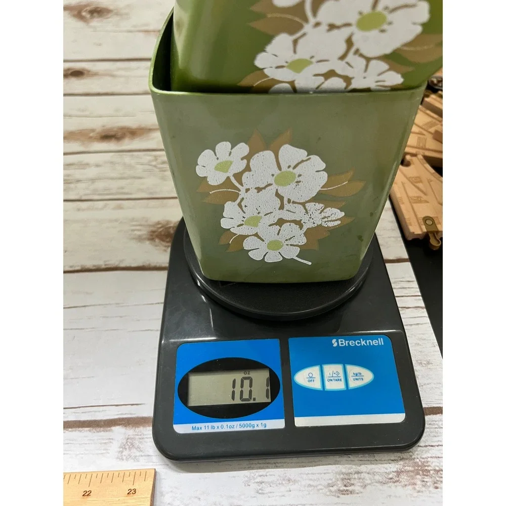 Vintage Plastic Floral Canister Set Avocado Green Retro Daisy 70s Kitchen 2pc